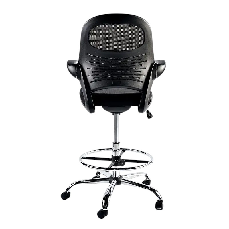 Silla tipo cajero con brazo abatible y base cromada