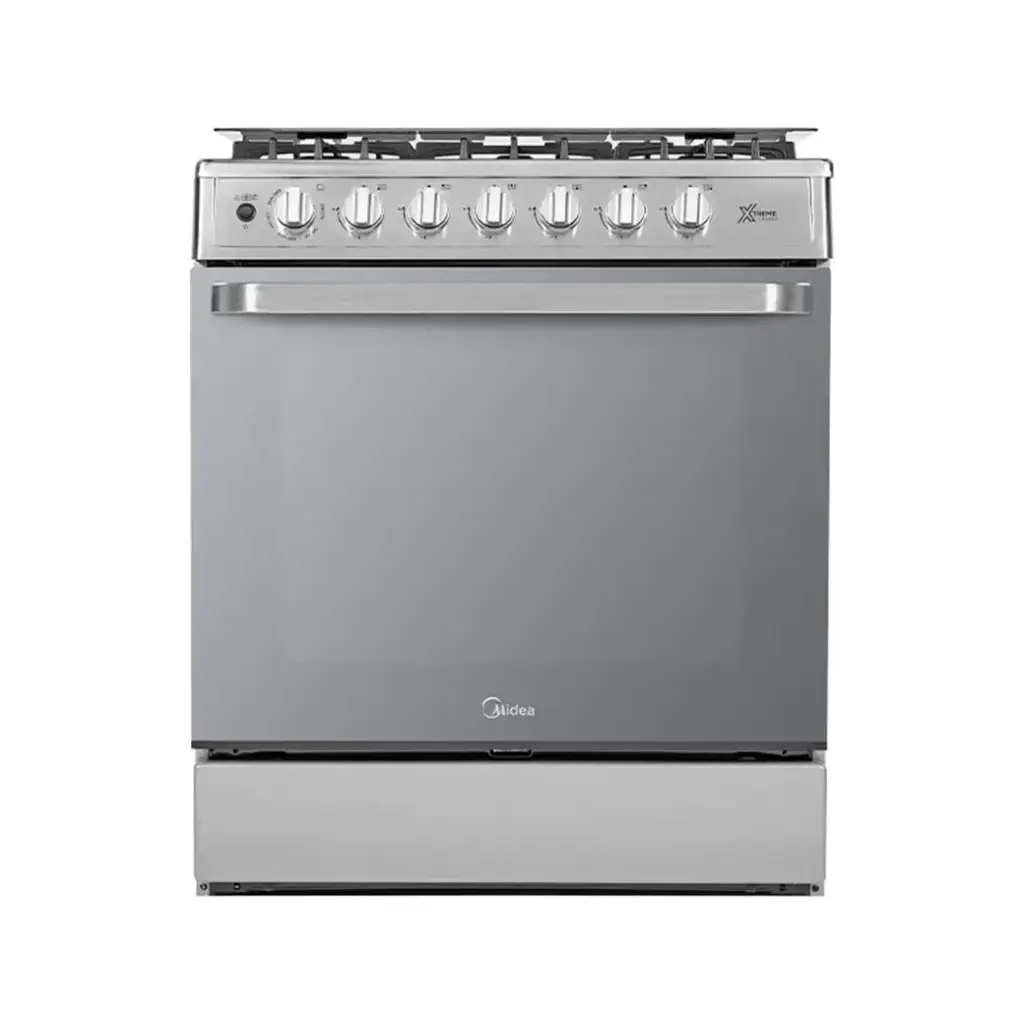 Midea Cocina a gas 30 pulgadas negra 6 quemadores capelo air fryer parrillas de hierro fundido MGS30FS1LEAMSS